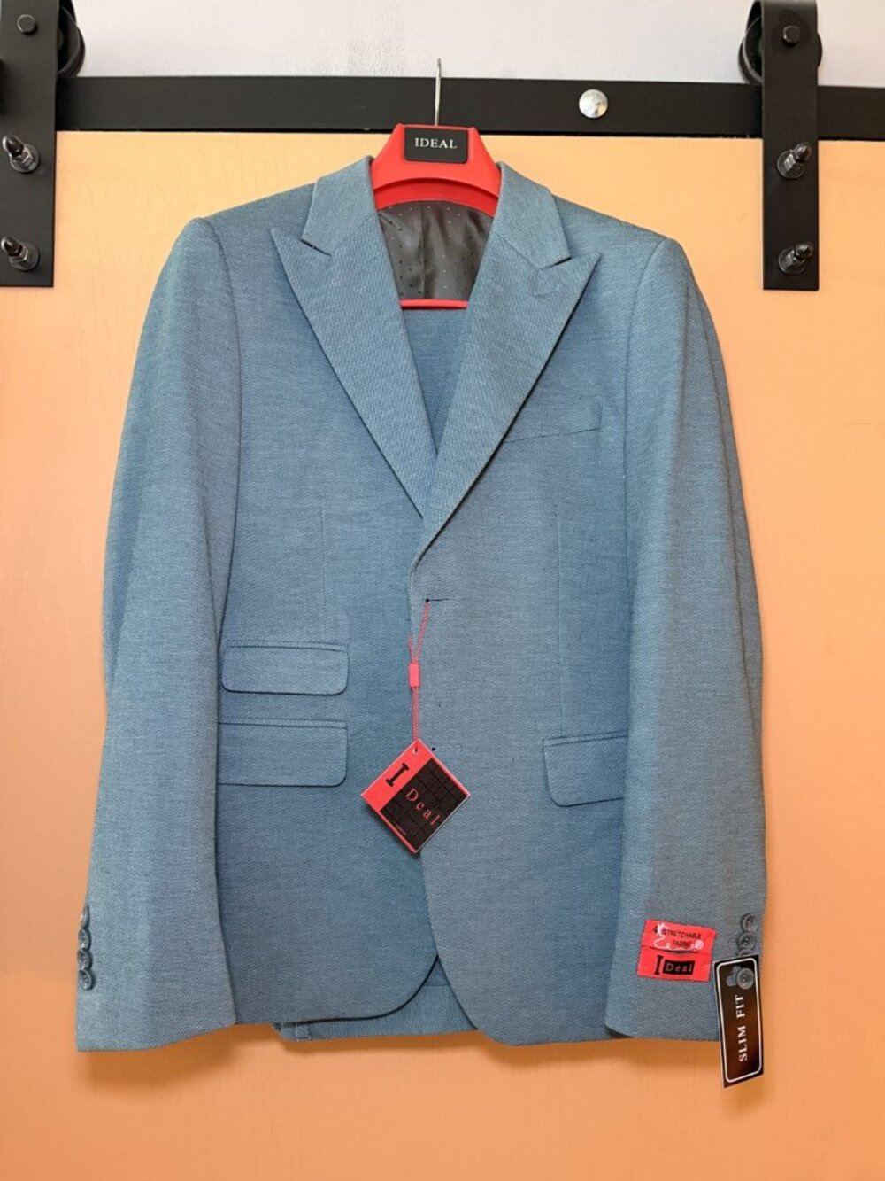 NWT Ideal 3 Piece Suit 38R Teal Green Slim Fit Peak Lapel Vested Stretch